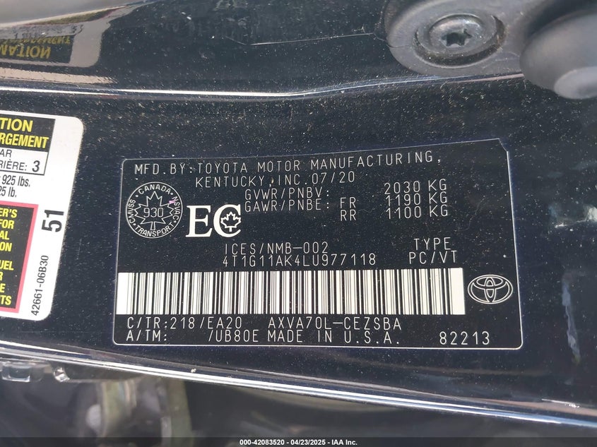 2020 TOYOTA CAMRY VIN: 4T1G11AK4LU977118