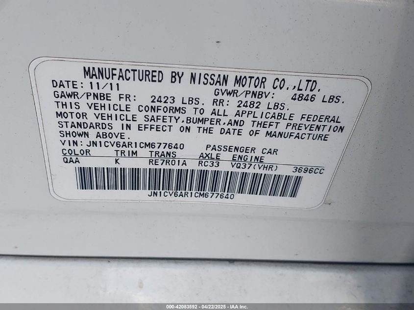 2012 Infiniti G37X VIN: JN1CV6AR1CM677640 Lot: 42083592