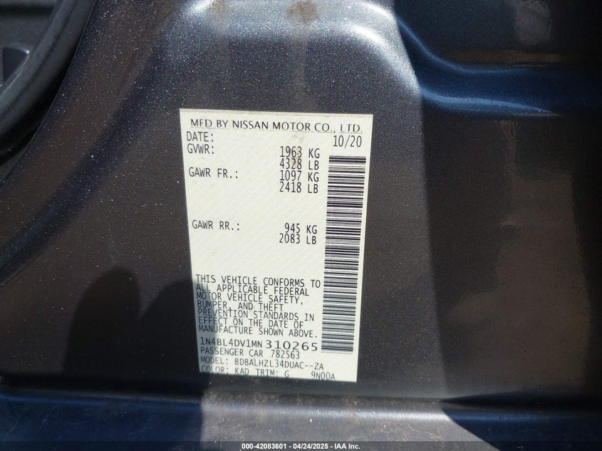VIN 1N4BL4DV1MN310265 2021 NISSAN ALTIMA SV FWD