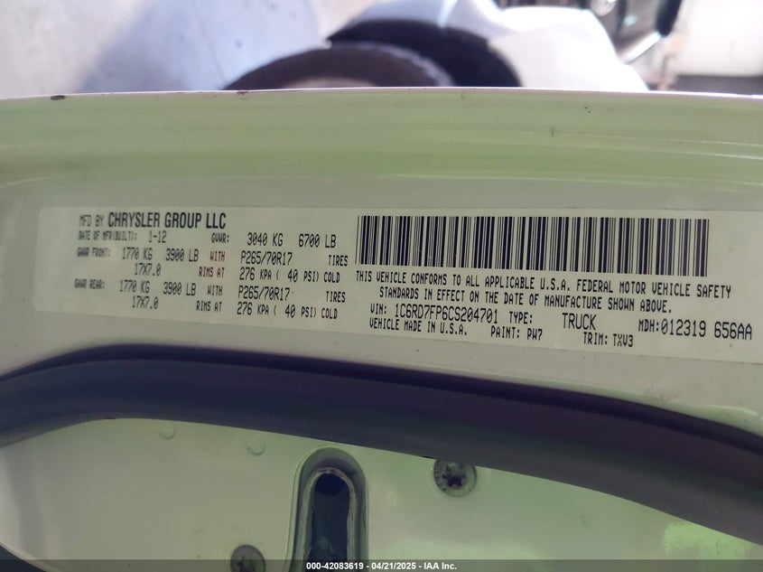 2012 RAM 1500 VIN: 1C6RD7FP6CS204701