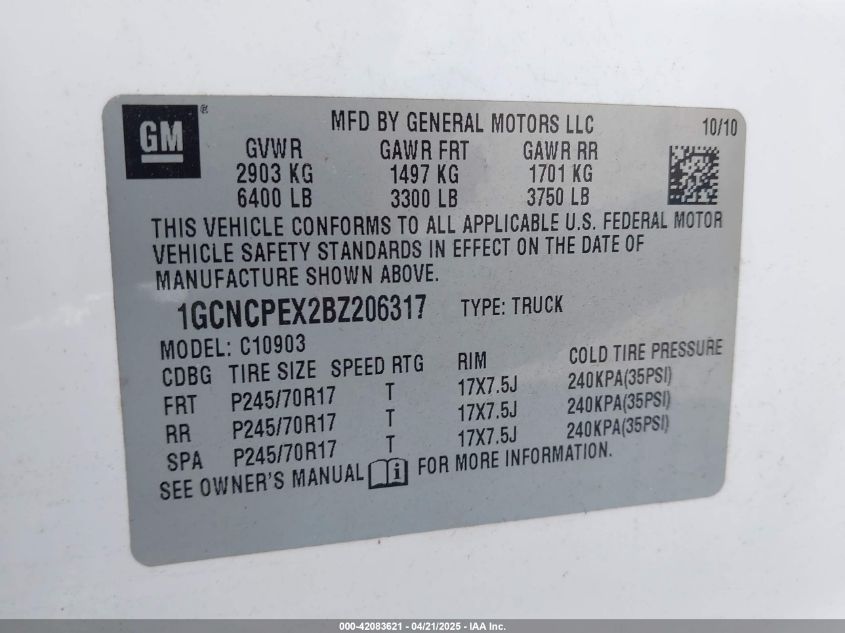 2011 Chevrolet Silverado 1500 Work Truck VIN: 1GCNCPEX2BZ206317 Lot: 42083621