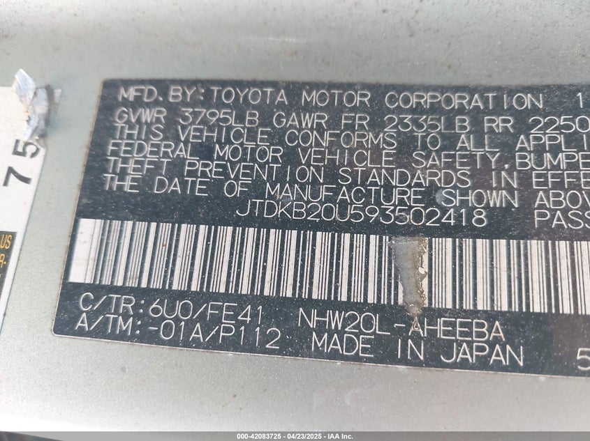 2009 TOYOTA PRIUS VIN: JTDKB20U593502418