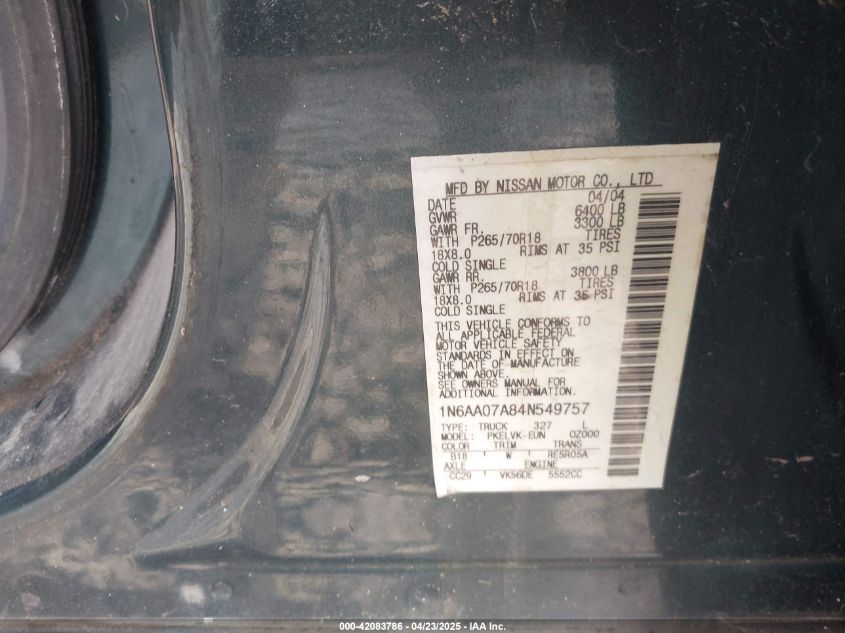 2004 Nissan Titan Le VIN: 1N6AA07A84N549757 Lot: 42083786