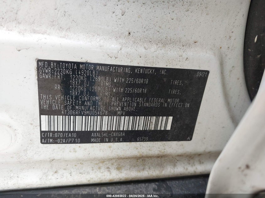 2021 TOYOTA RAV4 VIN: 4T3D6RFV9MU054678