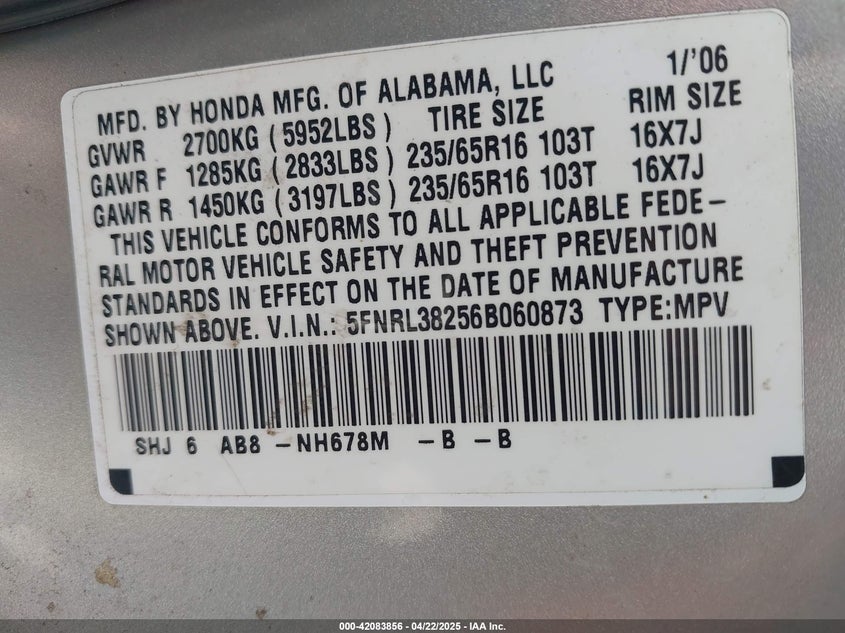 2006 Honda Odyssey Lx VIN: 5FNRL38256B060873 Lot: 42083856