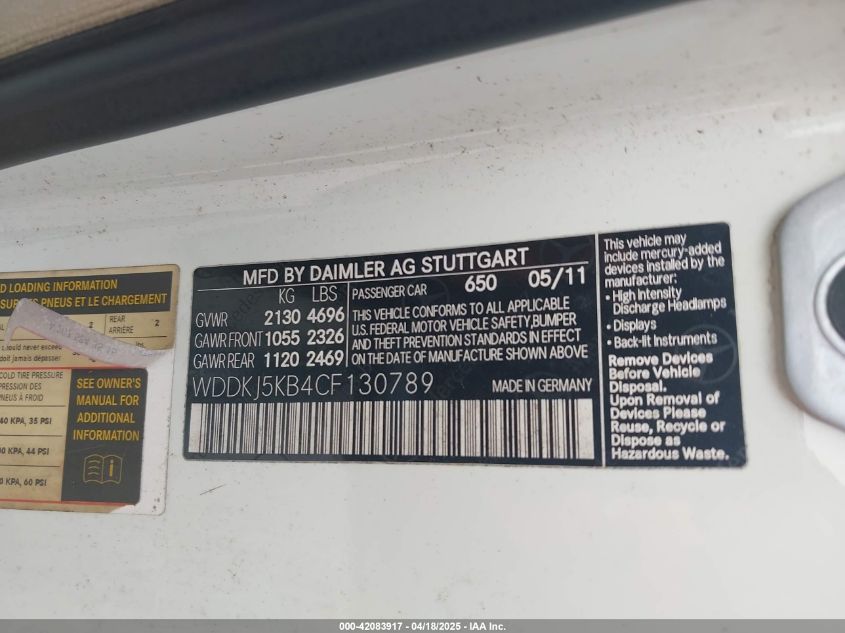 2012 Mercedes-Benz E 350 VIN: WDDKJ5KB4CF130789 Lot: 42083917