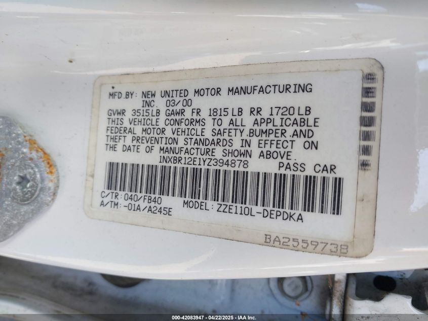 2000 Toyota Corolla Ce VIN: 1NXBR12E1YZ394878 Lot: 42083947