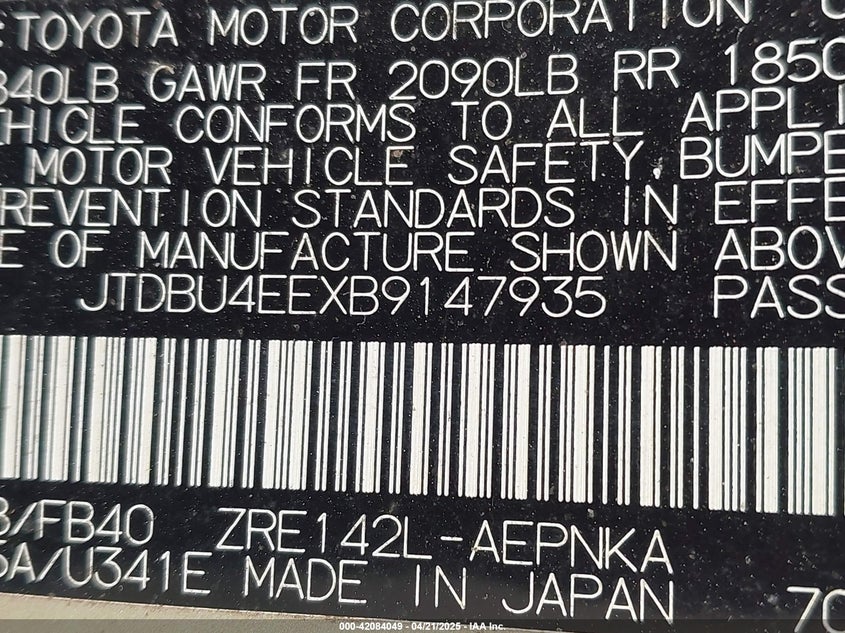 2011 TOYOTA COROLLA VIN: JTDBU4EEXB9147935