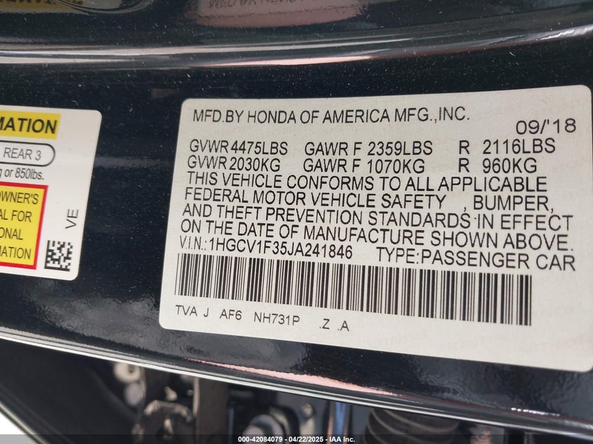 2018 HONDA ACCORD VIN: 1HGCV1F35JA241846