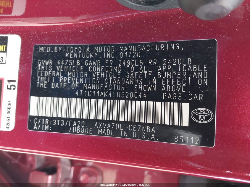 2020 TOYOTA CAMRY VIN: 4T1C11AK4LU920044