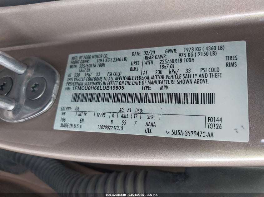 2020 FORD ESCAPE VIN: 1FMCU0H66LUB19805