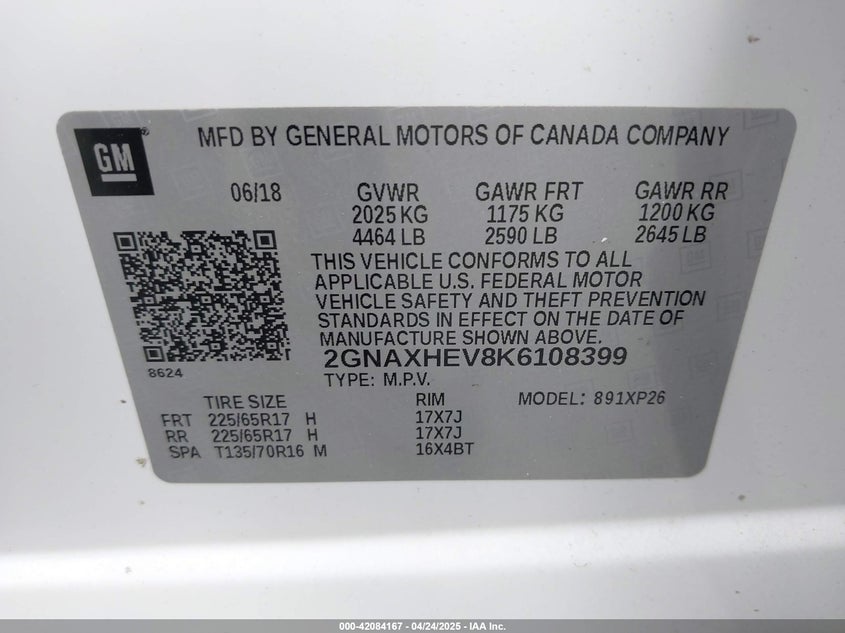 2019 CHEVROLET EQUINOX VIN: 2GNAXHEV8K6108399