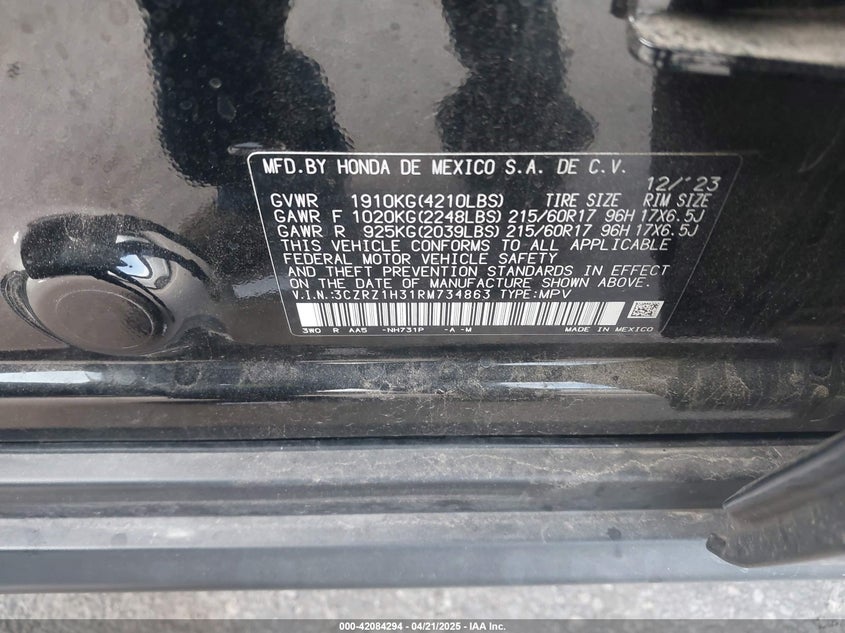2024 HONDA HR-V VIN: 3CZRZ1H31RM734863