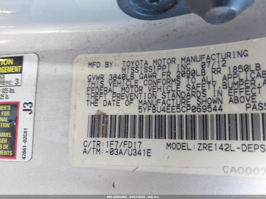 2012 TOYOTA COROLLA VIN: 5YFBU4EE5CP069544