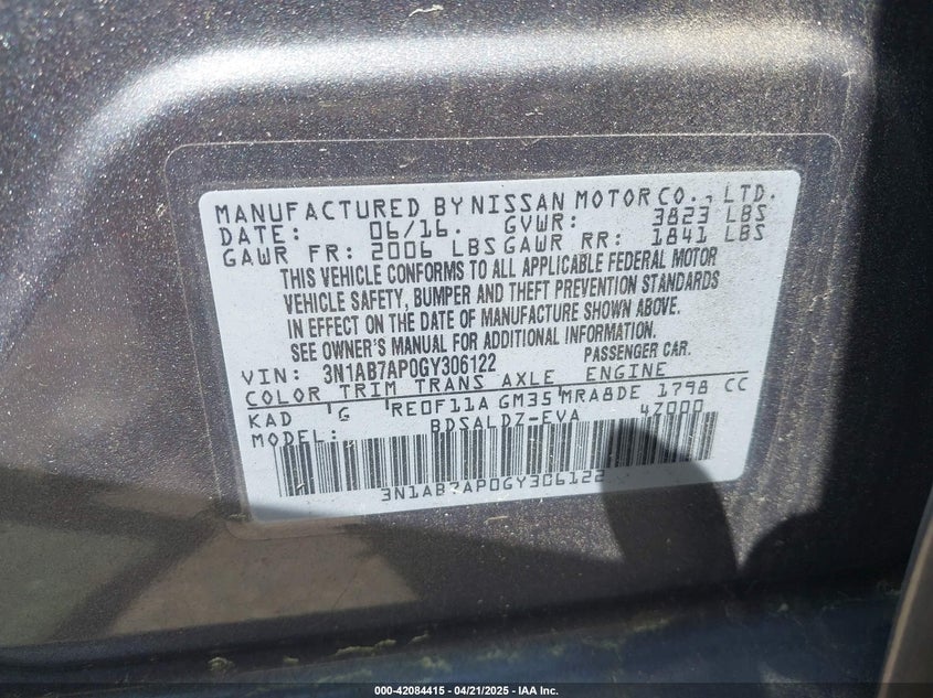 2016 NISSAN SENTRA VIN: 3N1AB7AP0GY306122