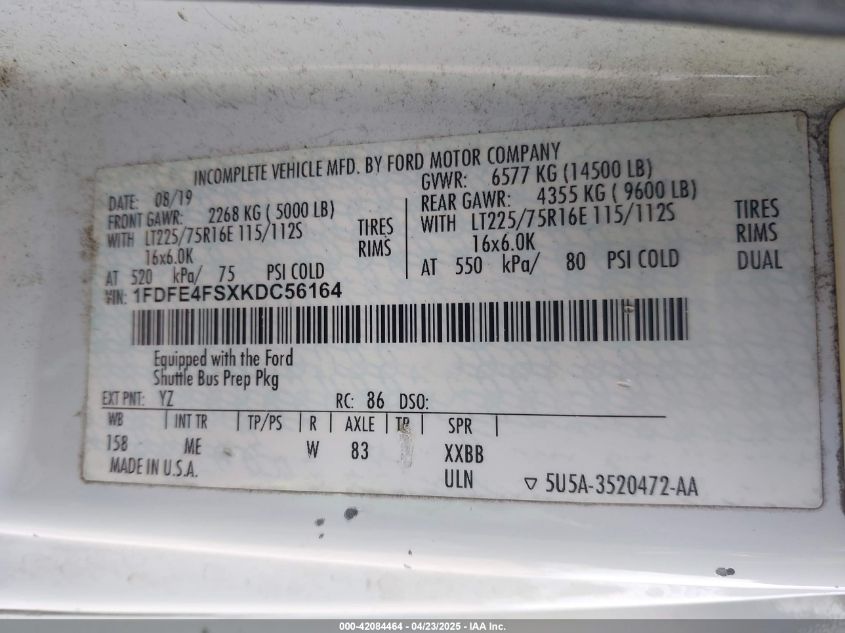 2019 Ford E-450 Cutaway VIN: 1FDFE4FSXKDC56164 Lot: 42084464
