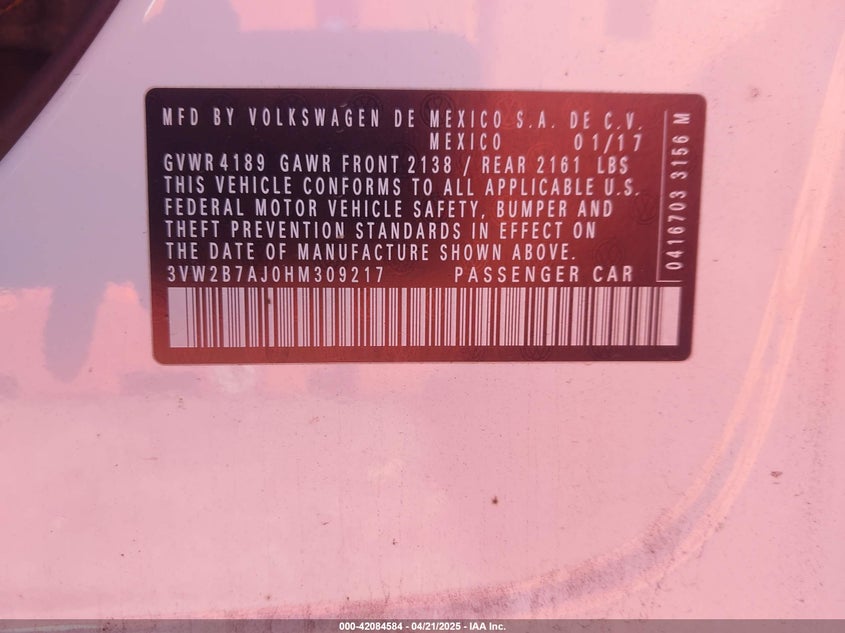 2017 VOLKSWAGEN JETTA 1.4T S - 3VW2B7AJ0HM309217