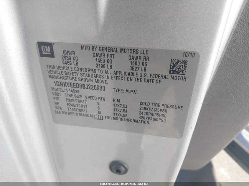 2011 CHEVROLET TRAVERSE VIN: 1GNKVEED8BJ220980