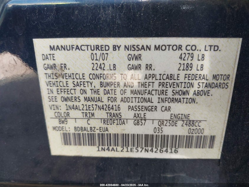 2007 NISSAN ALTIMA VIN: 1N4AL21E57N426416