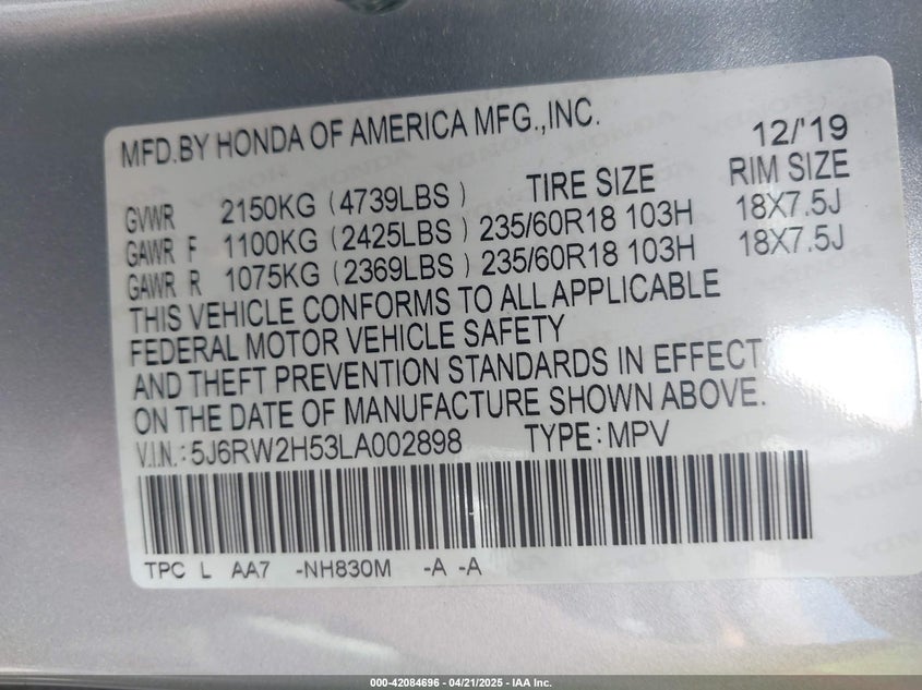 2020 HONDA CR-V AWD EX - 5J6RW2H53LA002898