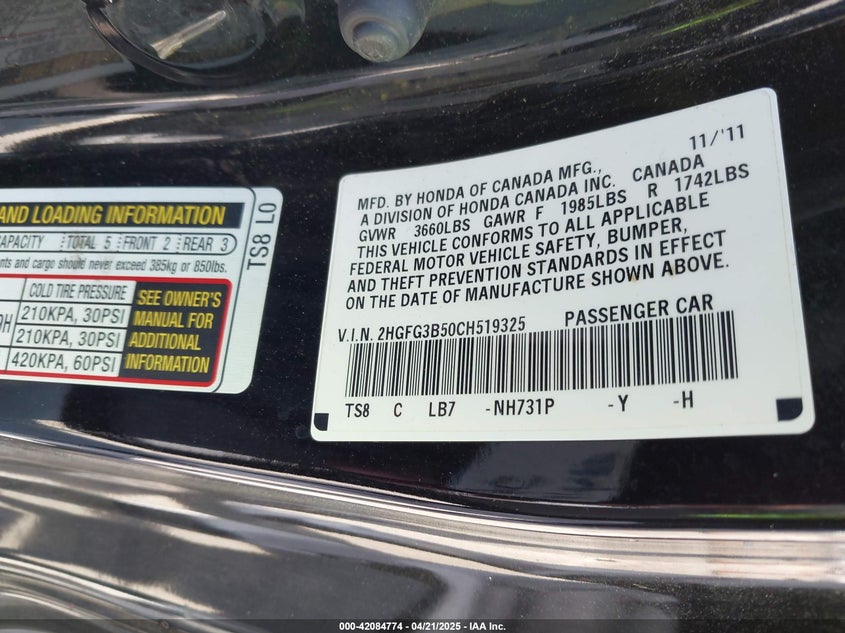 2012 HONDA CIVIC VIN: 2HGFG3B50CH519325