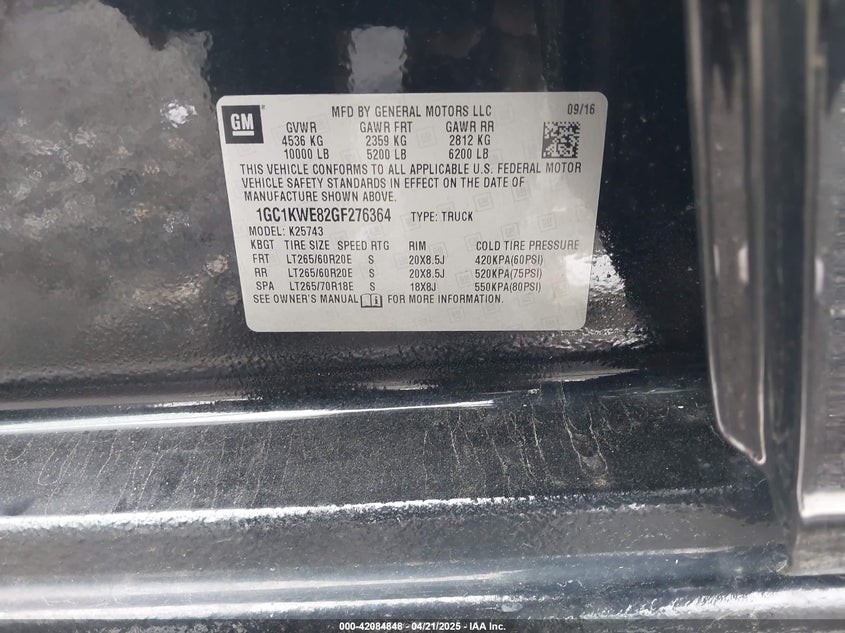 2016 CHEVROLET SILVERADO 2500HD VIN: 1GC1KWE82GF276364