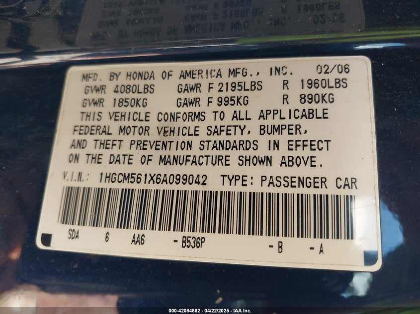 2006 HONDA ACCORD VIN: 1HGCM561X6A099042