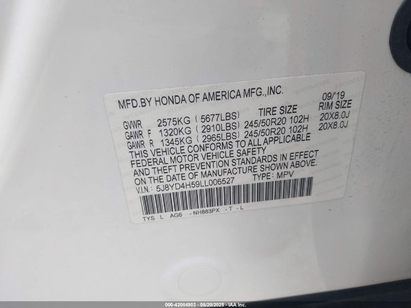 2020 Acura Mdx Technology Package VIN: 5J8YD4H59LL006527 Lot: 42084903