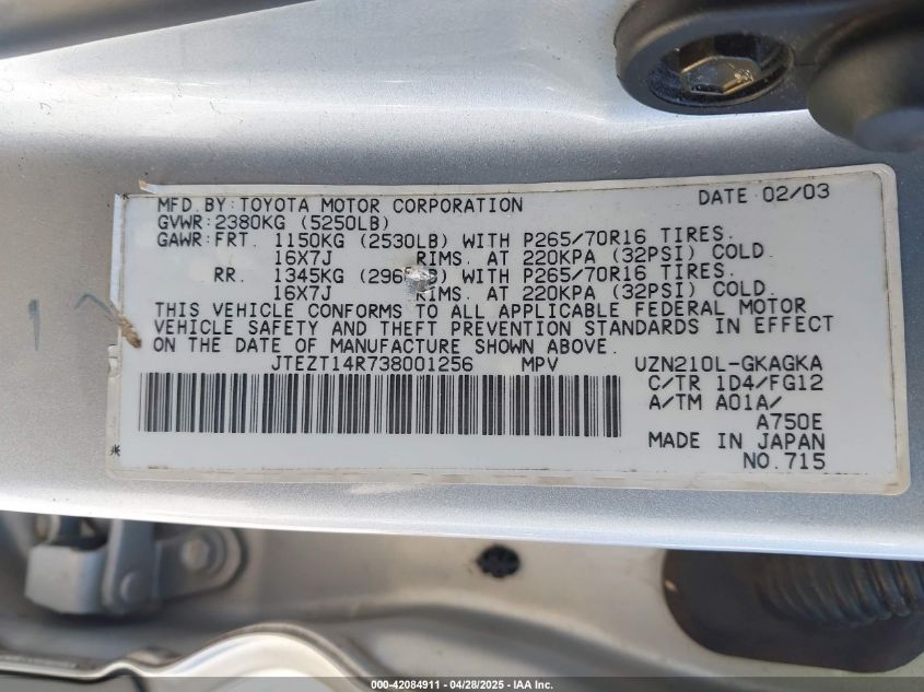 2003 Toyota 4Runner Sr5 V8 VIN: JTEZT14R738001256 Lot: 42084911