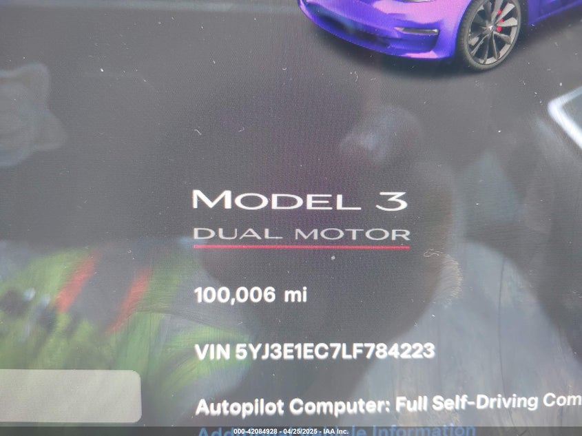 2020 TESLA MODEL 3 VIN: 5YJ3E1EC7LF784223