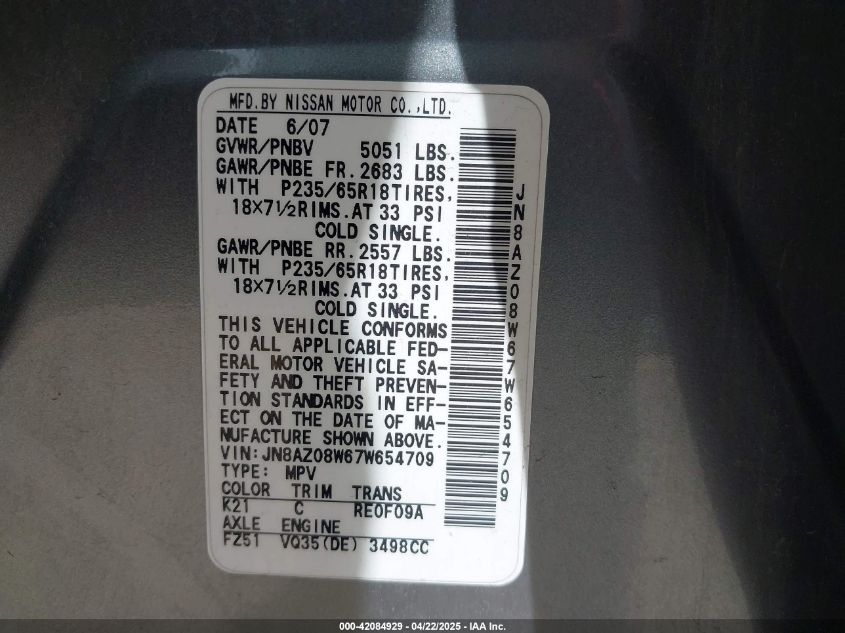 2007 Nissan Murano Sl VIN: JN8AZ08W67W654709 Lot: 42084929