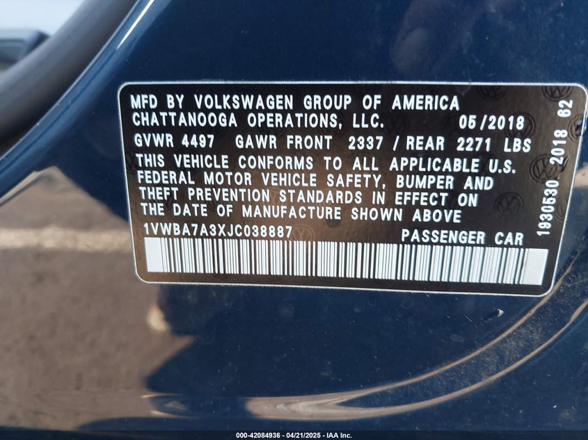 VIN 1VWBA7A3XJC038887 2018 VOLKSWAGEN PASSAT 2.0T SE