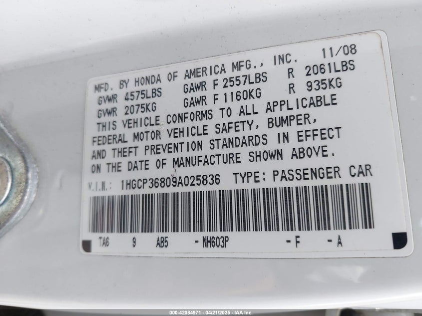 2009 HONDA ACCORD VIN: 1HGCP36809A025836