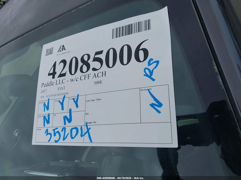 2017 FIAT 500E BATTERY ELECTRIC - 3C3CFFGE1HT654296