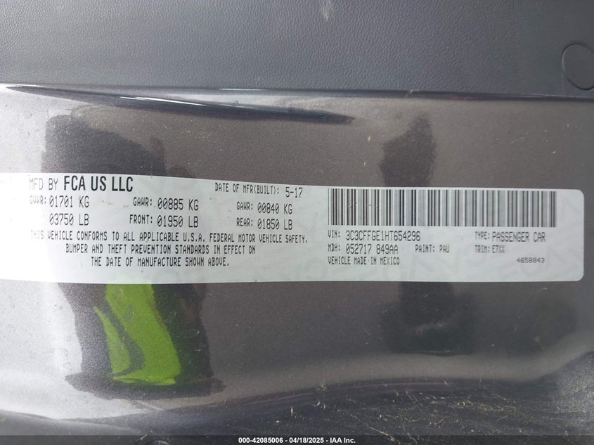 2017 FIAT 500E BATTERY ELECTRIC - 3C3CFFGE1HT654296