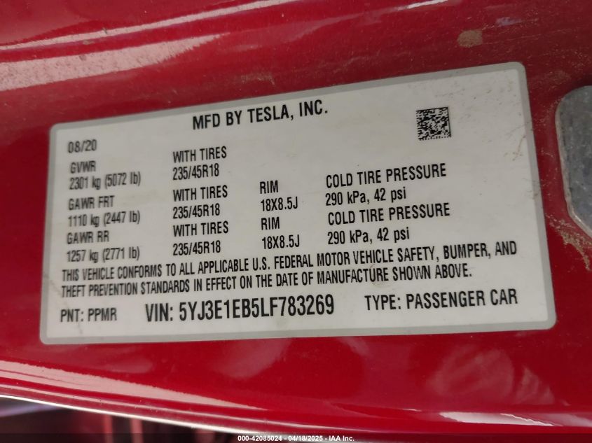 2020 Tesla Model 3 Long Range Dual Motor All-Wheel Drive VIN: 5YJ3E1EB5LF783269 Lot: 42085024