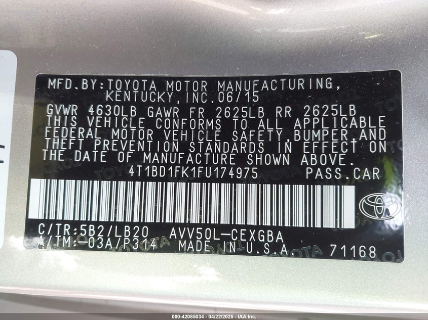 2015 TOYOTA CAMRY HYBRID VIN: 4T1BD1FK1FU174975