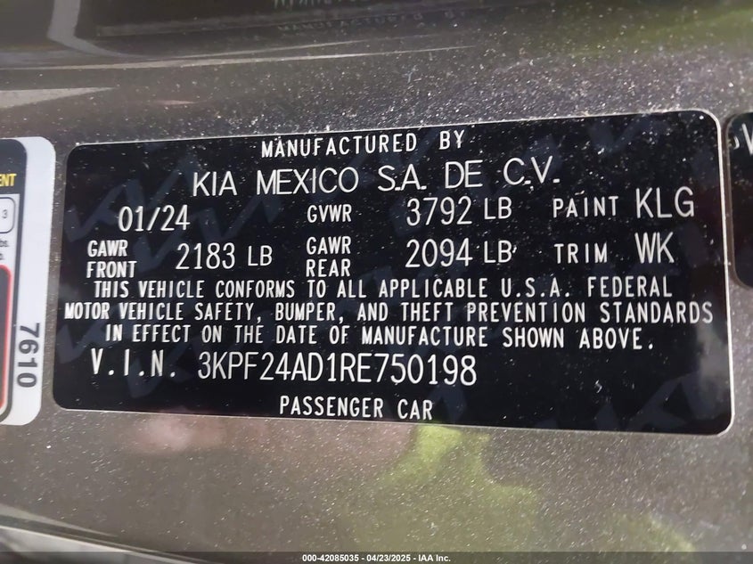 2024 KIA FORTE VIN: 3KPF24AD1RE750198