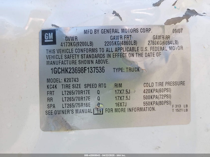 2008 CHEVROLET SILVERADO 2500HD VIN: 1GCHK23698F137536