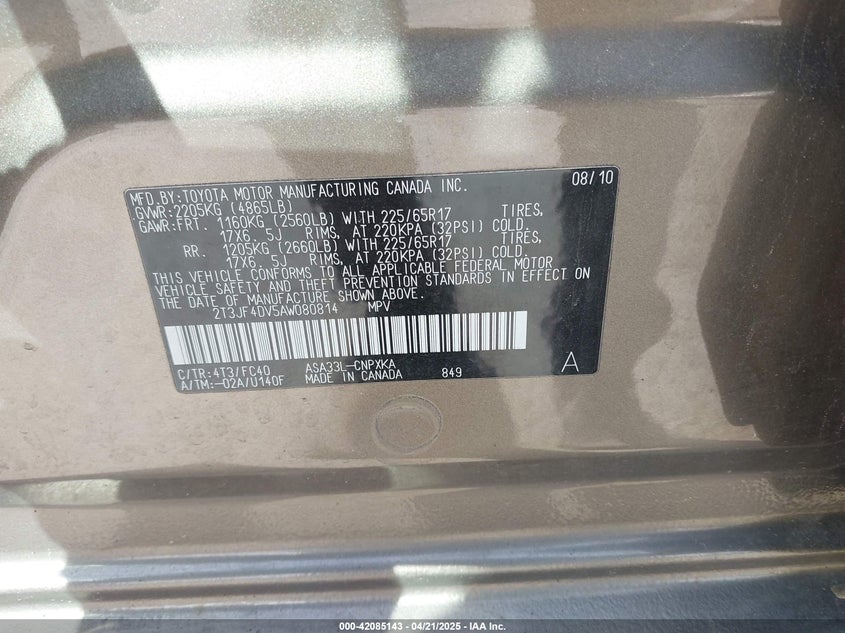 2010 TOYOTA RAV4 VIN: 2T3JF4DV5AW080814