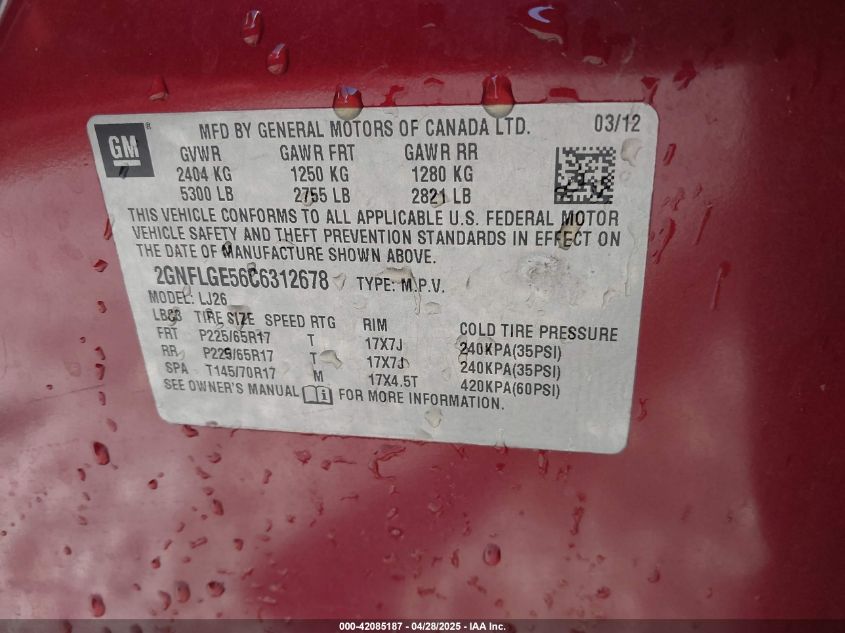 2012 Chevrolet Equinox Ltz VIN: 2GNFLGE56C6312678 Lot: 42085187