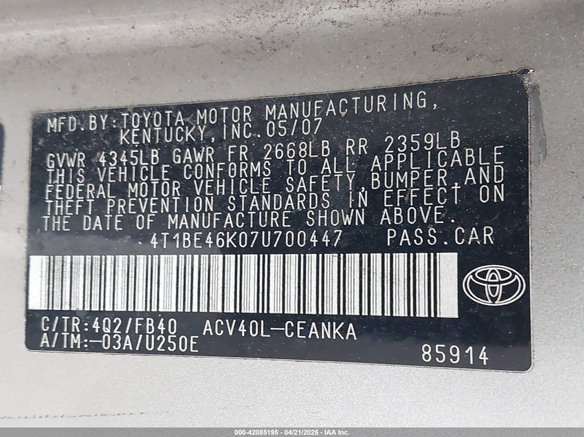 2007 TOYOTA CAMRY VIN: 4T1BE46K07U700447