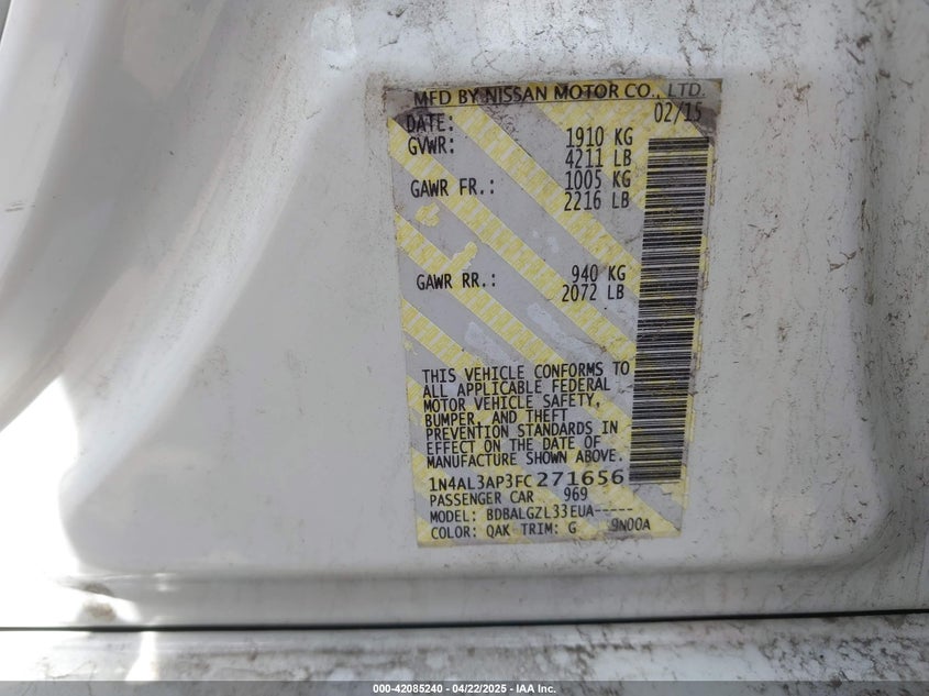 2015 NISSAN ALTIMA VIN: 1N4AL3AP3FC271656