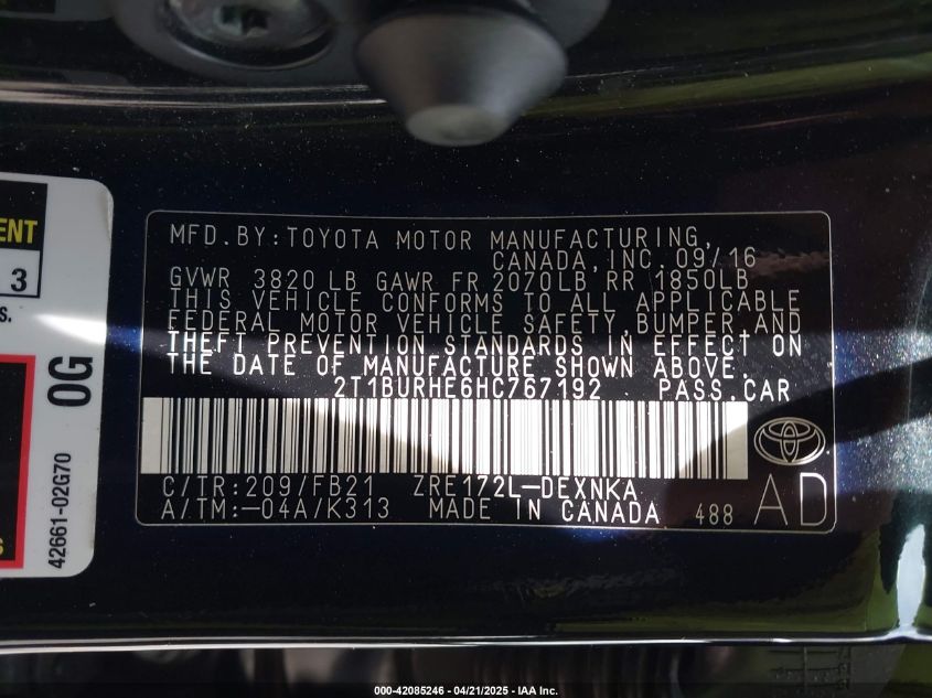 2017 Toyota Corolla Le VIN: 2T1BURHE6HC767192 Lot: 42085246