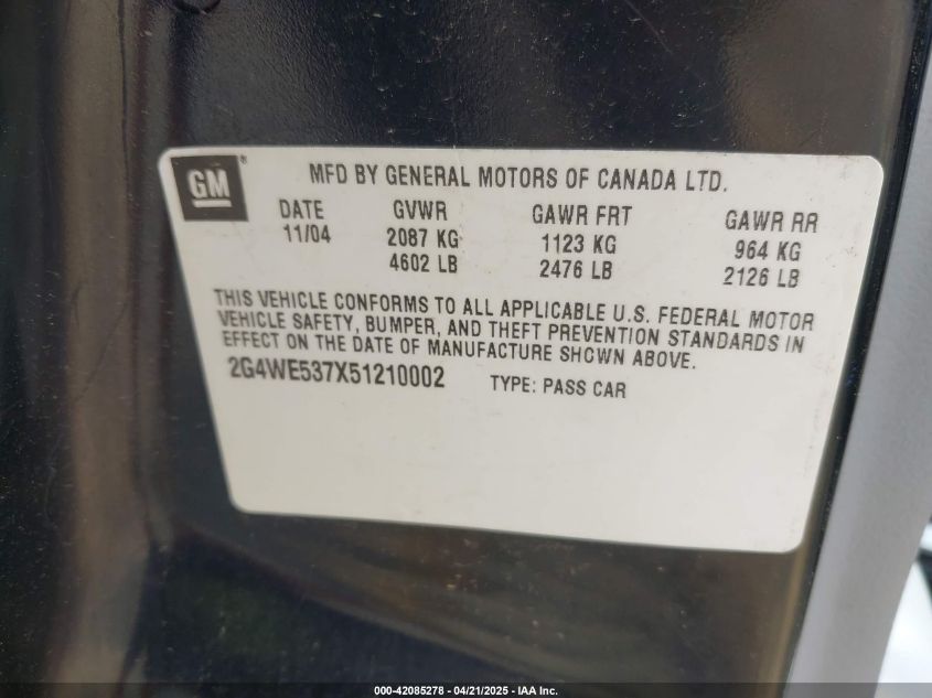 2005 Buick Lacrosse Cxs VIN: 2G4WE537X51210002 Lot: 42085278