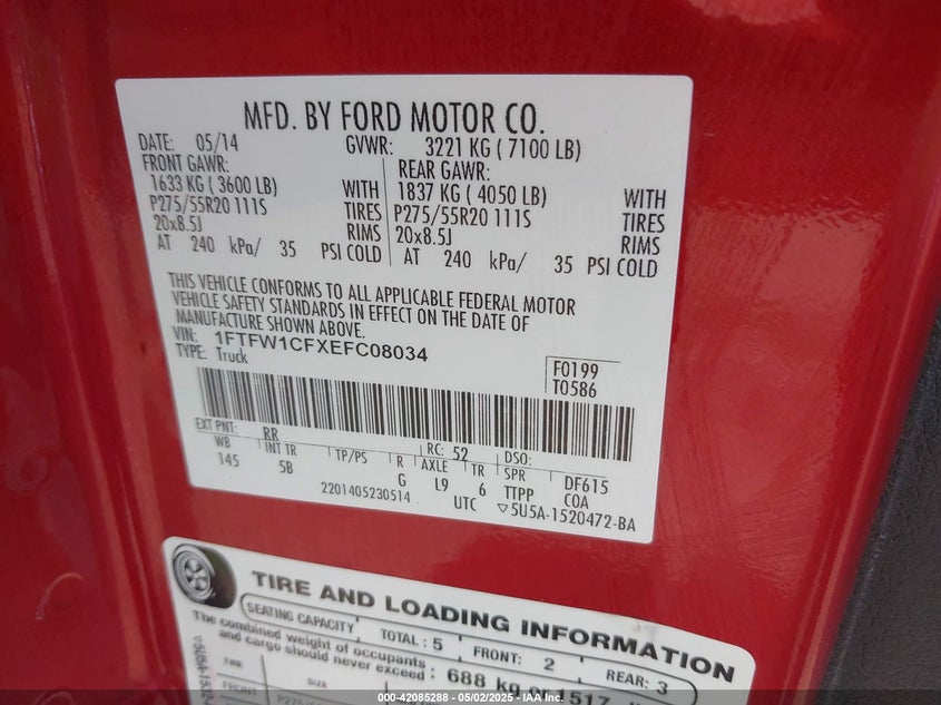 2014 FORD F-150 VIN: 1FTFW1CFXEFC08034