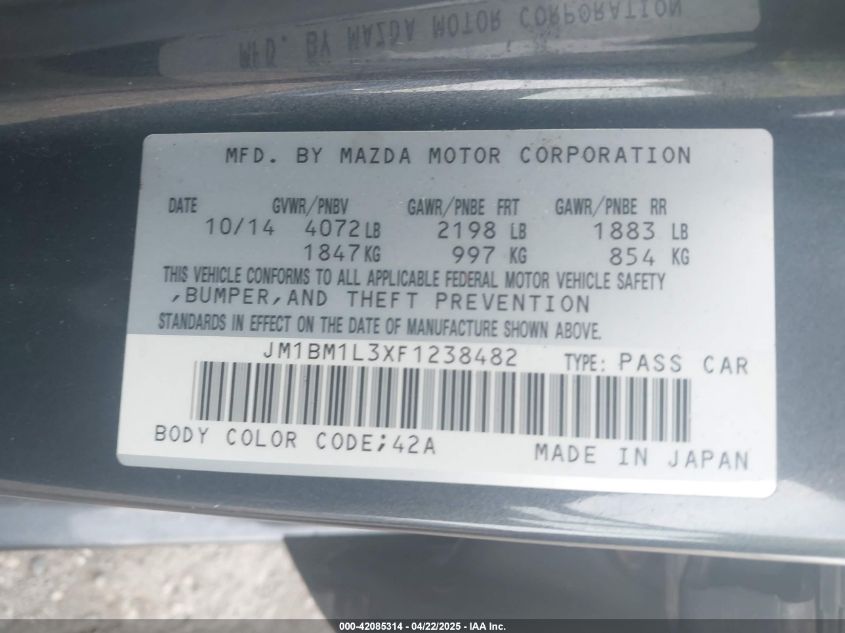 2015 Mazda Mazda3 S Touring VIN: JM1BM1L3XF1238482 Lot: 42085314