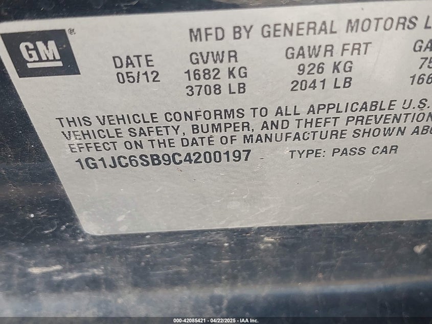 2012 CHEVROLET SONIC VIN: 1G1JC6SB9C4200197