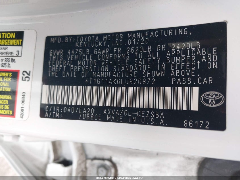 2020 TOYOTA CAMRY VIN: 4T1G11AK6LU920872