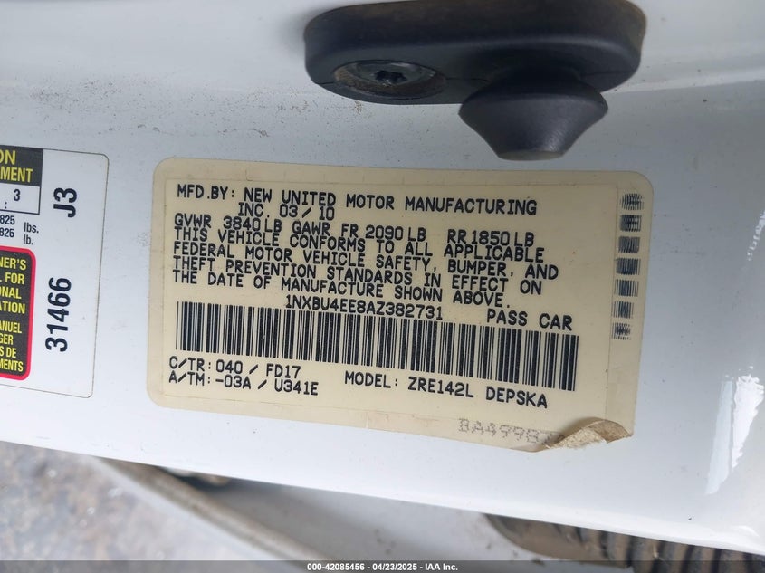 2010 TOYOTA COROLLA VIN: 1NXBU4EE8AZ382731